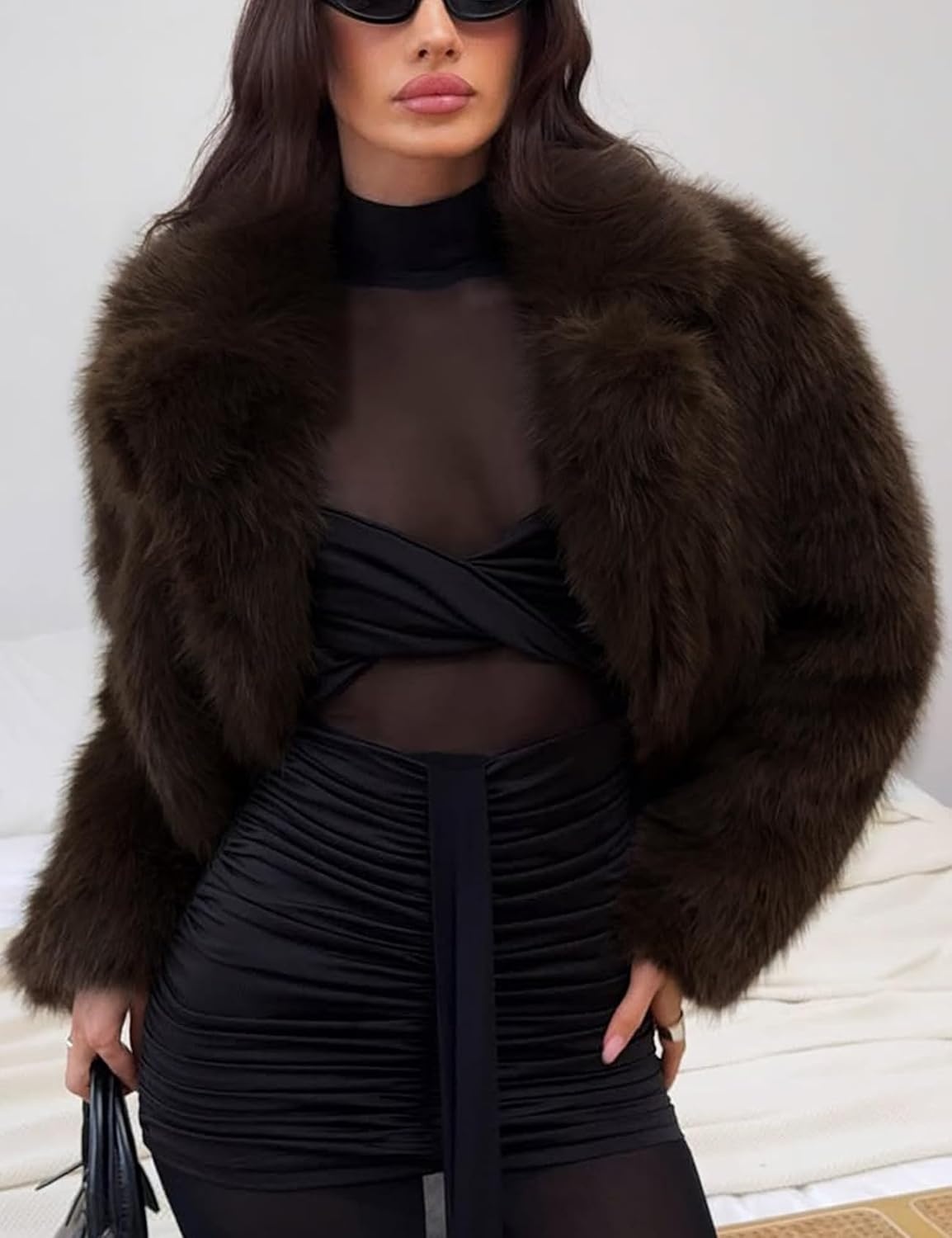 image:imageWomens Faux Fur Coat Lapel Winter Jacket Fluffy Shaggy Coats Faux FurSnap Buttonwith PocketsShort CoatWarmMachine WashableEco FriendlyCasualLuxuryWinter Coats for WomenCoffe