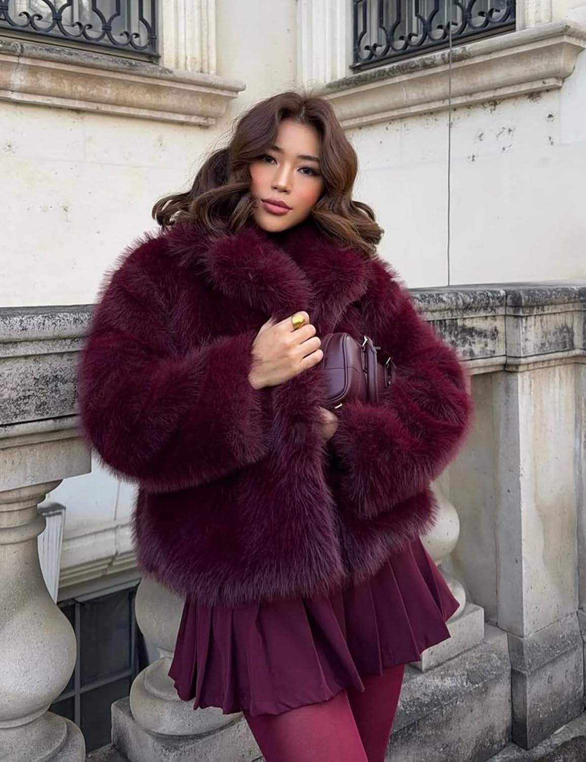 image:imageWomens Faux Fur Coat Lapel Winter Jacket Fluffy Shaggy Coats Faux FurSnap Buttonwith PocketsShort CoatWarmMachine WashableEco FriendlyCasualLuxuryWinter Coats for WomenWinered