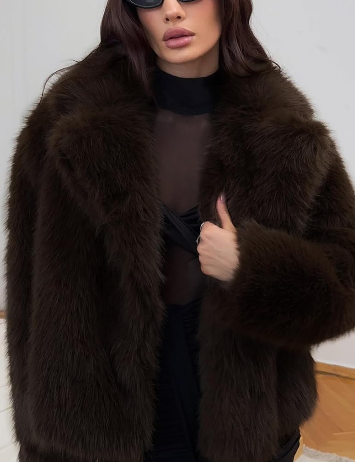 image:imageWomens Faux Fur Coat Lapel Winter Jacket Fluffy Shaggy Coats Faux FurSnap Buttonwith PocketsShort CoatWarmMachine WashableEco FriendlyCasualLuxuryWinter Coats for WomenCoffe