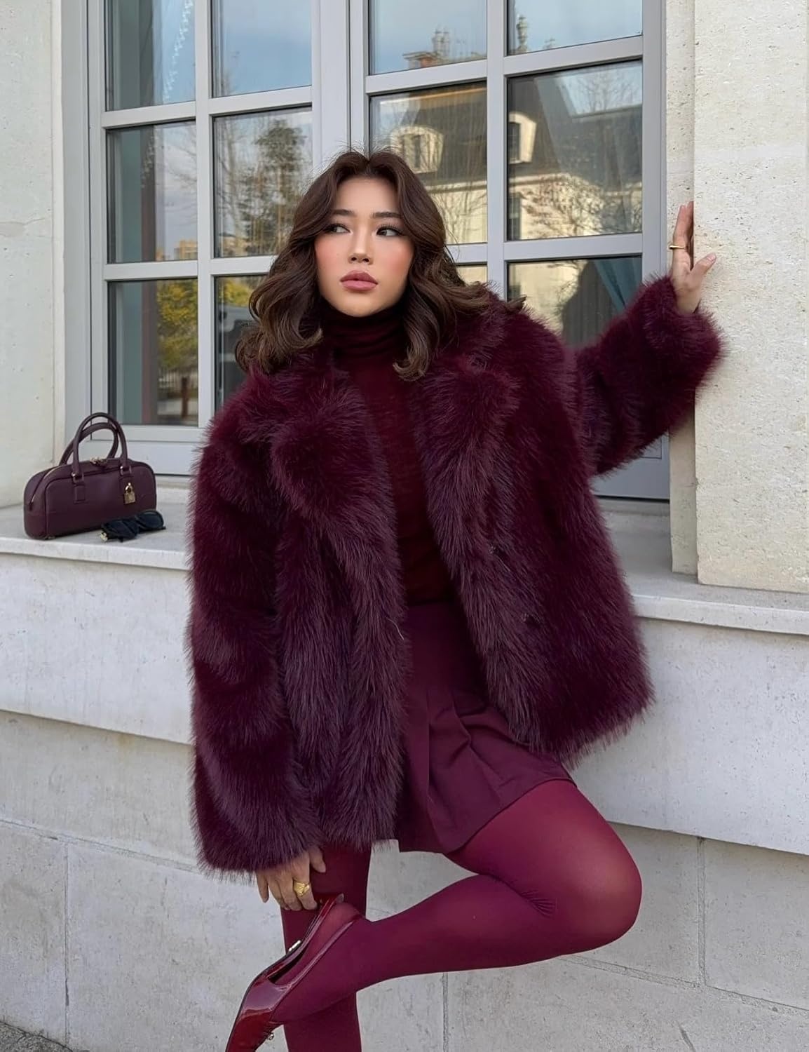 image:imageWomens Faux Fur Coat Lapel Winter Jacket Fluffy Shaggy Coats Faux FurSnap Buttonwith PocketsShort CoatWarmMachine WashableEco FriendlyCasualLuxuryWinter Coats for WomenWinered