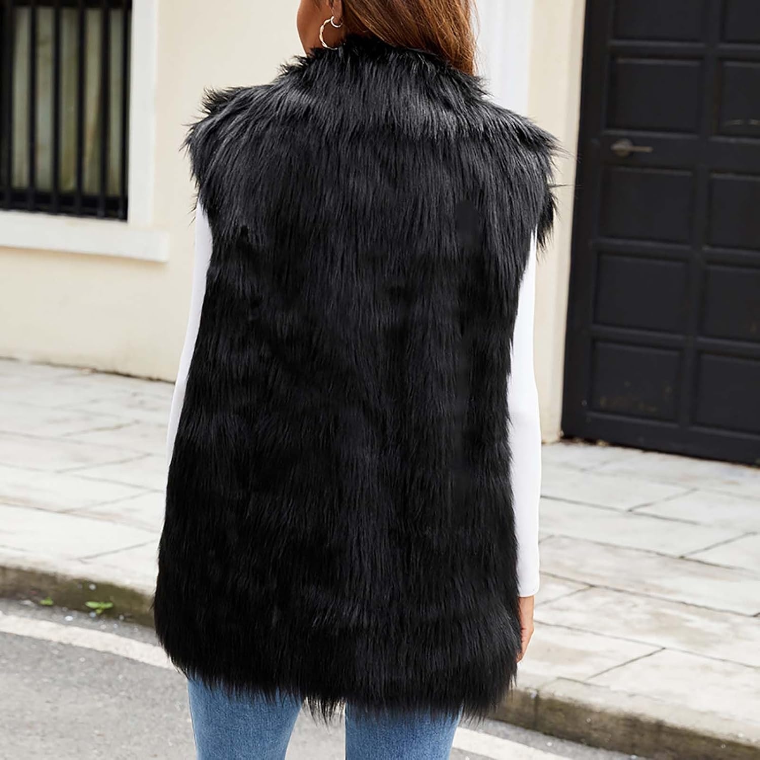 image:imageWomens Faux Fur Vest Fuzzy Fleece Jacket Lapel Furry Jacket Open Front Cardigan Trendy Winter Coats Warm VestBlack