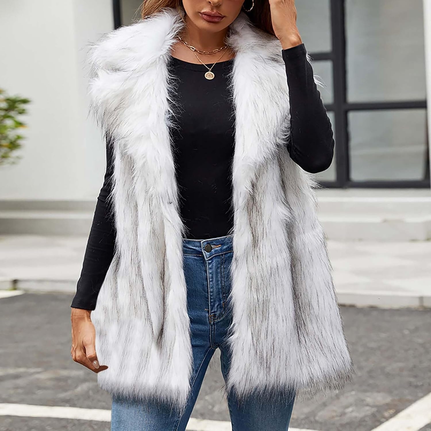 image:imageWomens Faux Fur Vest Fuzzy Fleece Jacket Lapel Furry Jacket Open Front Cardigan Trendy Winter Coats Warm VestWhite