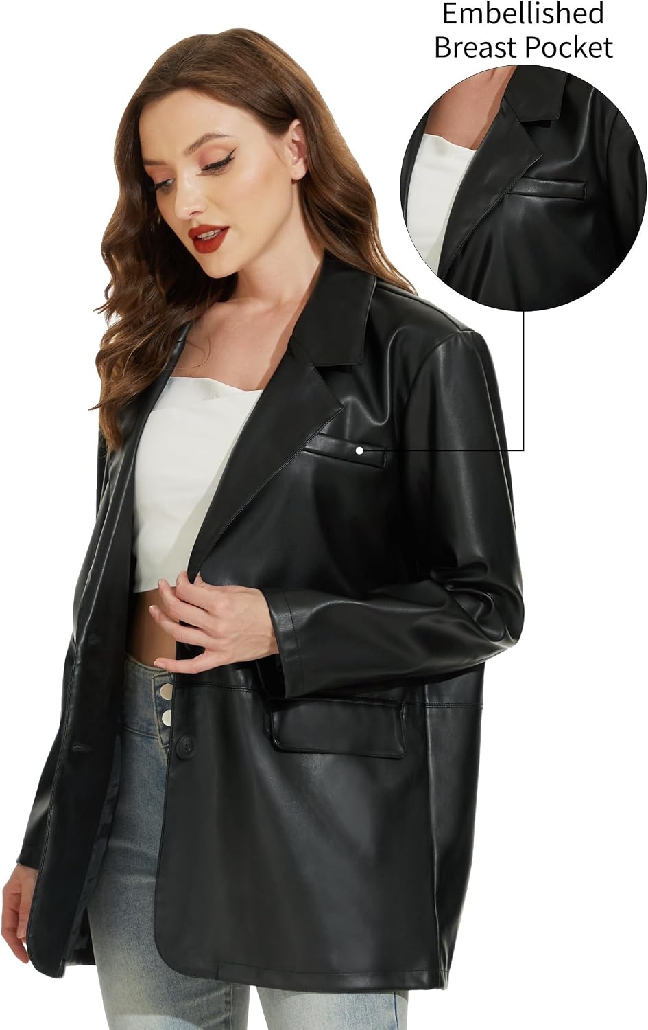image:imageWomens Faux Leather Blazer Vintage Moto Style Coat SXXL Black Leather jacket Soft Vegan Pleather Oversized Casual Biker Outwear with Button Down Daily FashionBlackvm