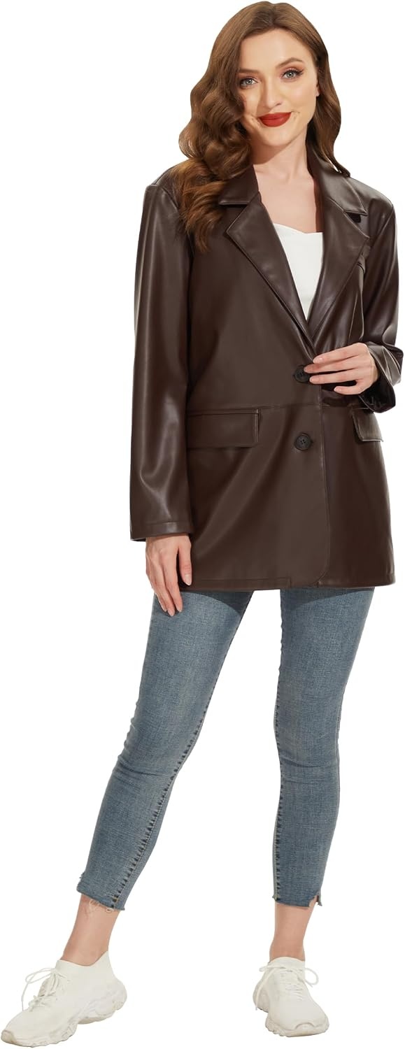 image:imageWomens Faux Leather Blazer Vintage Moto Style Coat SXXL Black Leather jacket Soft Vegan Pleather Oversized Casual Biker Outwear with Button Down Daily FashionCoffeevm