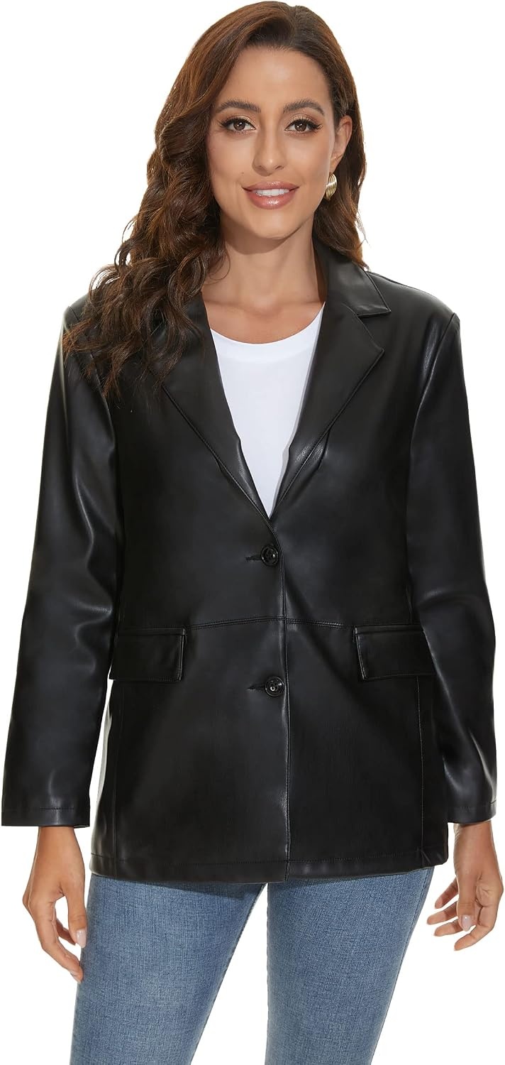image:imageWomens Faux Leather Blazer Vintage Moto Style Coat SXXL Black Leather jacket Soft Vegan Pleather Oversized Casual Biker Outwear with Button Down Daily FashionBlack