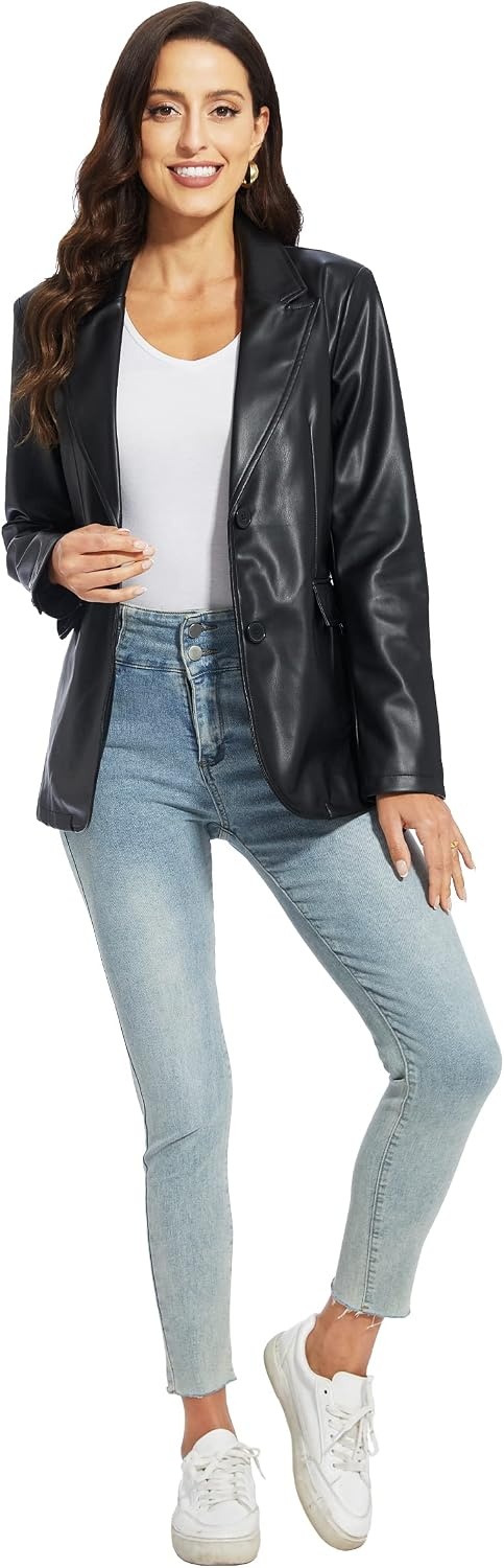 image:imageWomens Faux Leather Blazer Vintage Moto Style Coat SXXL Black Leather jacket Soft Vegan Pleather Oversized Casual Biker Outwear with Button Down Daily FashionBlack Fg