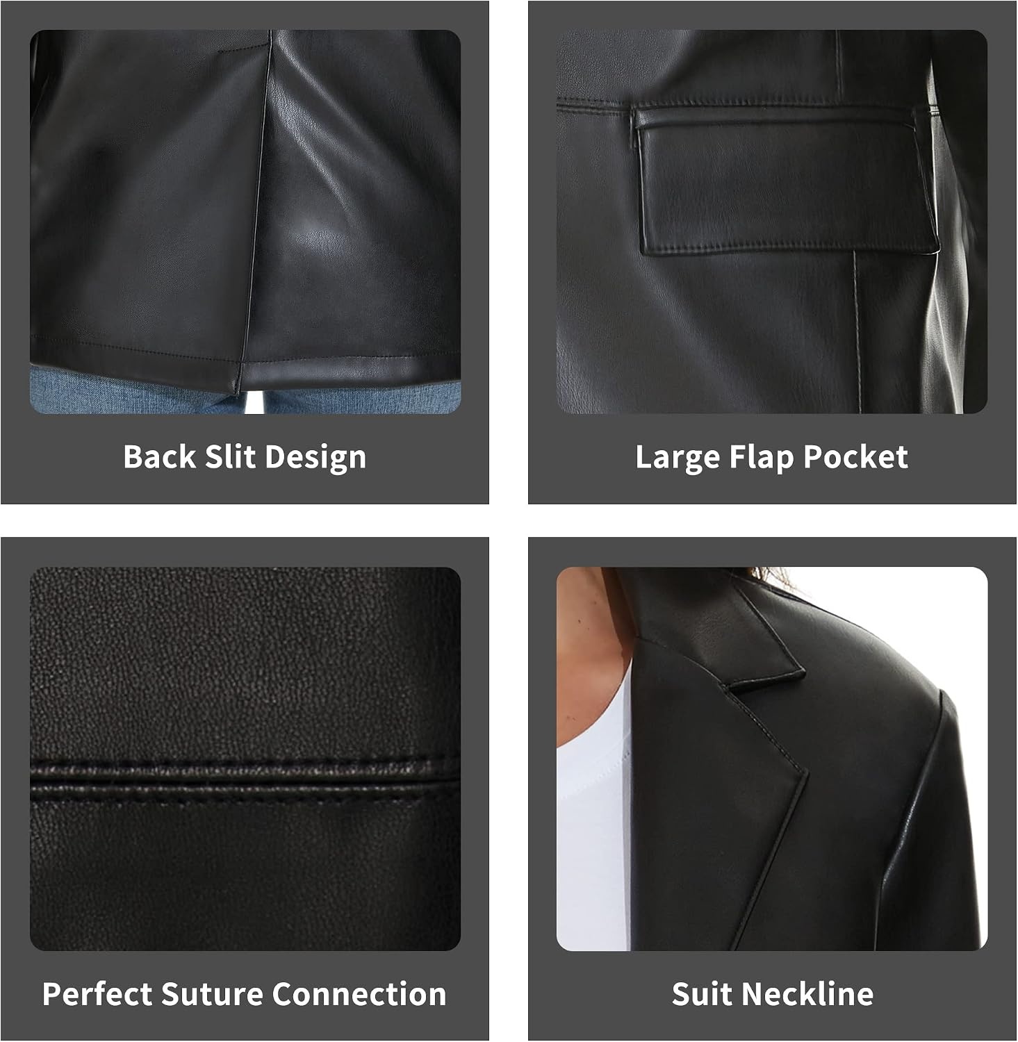 image:imageWomens Faux Leather Blazer Vintage Moto Style Coat SXXL Black Leather jacket Soft Vegan Pleather Oversized Casual Biker Outwear with Button Down Daily FashionBlack