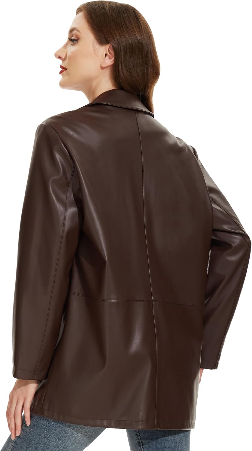 image:imageWomens Faux Leather Blazer Vintage Moto Style Coat SXXL Black Leather jacket Soft Vegan Pleather Oversized Casual Biker Outwear with Button Down Daily FashionCoffeevm