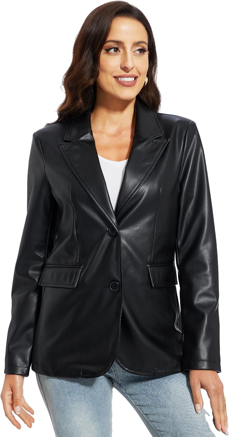 image:imageWomens Faux Leather Blazer Vintage Moto Style Coat SXXL Black Leather jacket Soft Vegan Pleather Oversized Casual Biker Outwear with Button Down Daily FashionBlack Fg