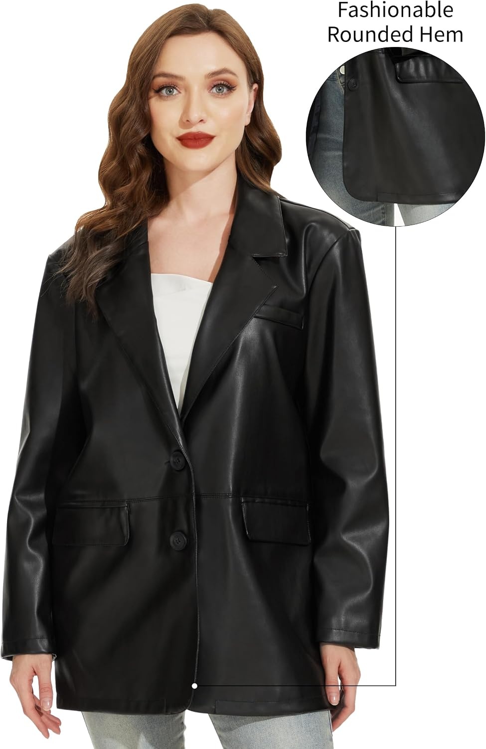 image:imageWomens Faux Leather Blazer Vintage Moto Style Coat SXXL Black Leather jacket Soft Vegan Pleather Oversized Casual Biker Outwear with Button Down Daily FashionBlackvm