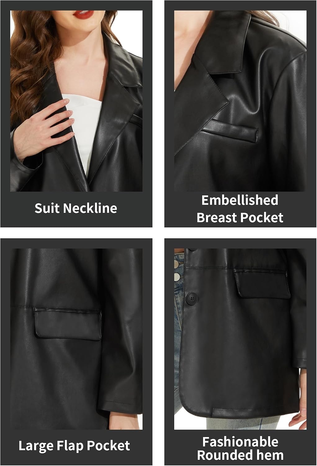 image:imageWomens Faux Leather Blazer Vintage Moto Style Coat SXXL Black Leather jacket Soft Vegan Pleather Oversized Casual Biker Outwear with Button Down Daily FashionBlackvm