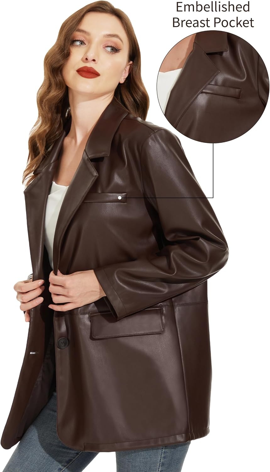 image:imageWomens Faux Leather Blazer Vintage Moto Style Coat SXXL Black Leather jacket Soft Vegan Pleather Oversized Casual Biker Outwear with Button Down Daily FashionCoffeevm