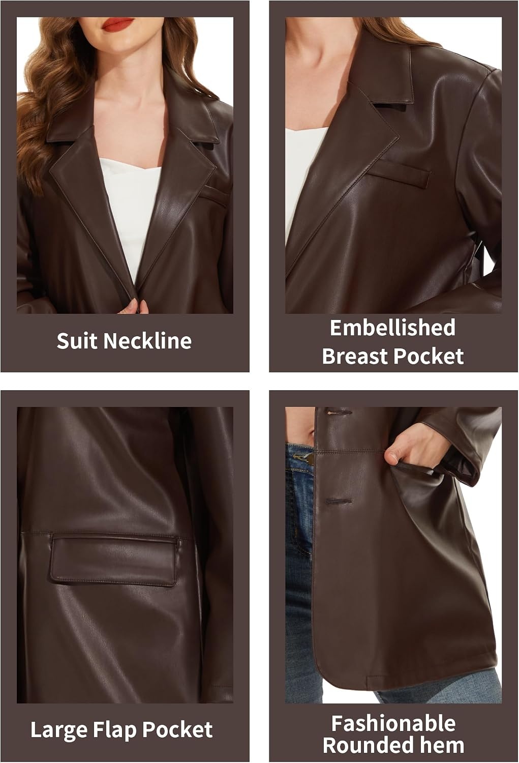 image:imageWomens Faux Leather Blazer Vintage Moto Style Coat SXXL Black Leather jacket Soft Vegan Pleather Oversized Casual Biker Outwear with Button Down Daily FashionCoffeevm