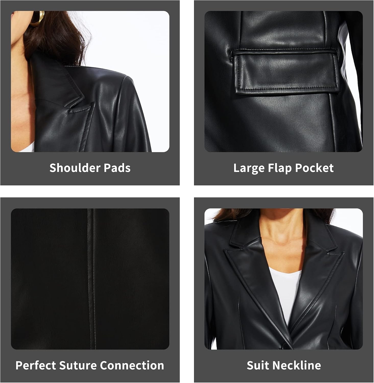 image:imageWomens Faux Leather Blazer Vintage Moto Style Coat SXXL Black Leather jacket Soft Vegan Pleather Oversized Casual Biker Outwear with Button Down Daily FashionBlack Fg