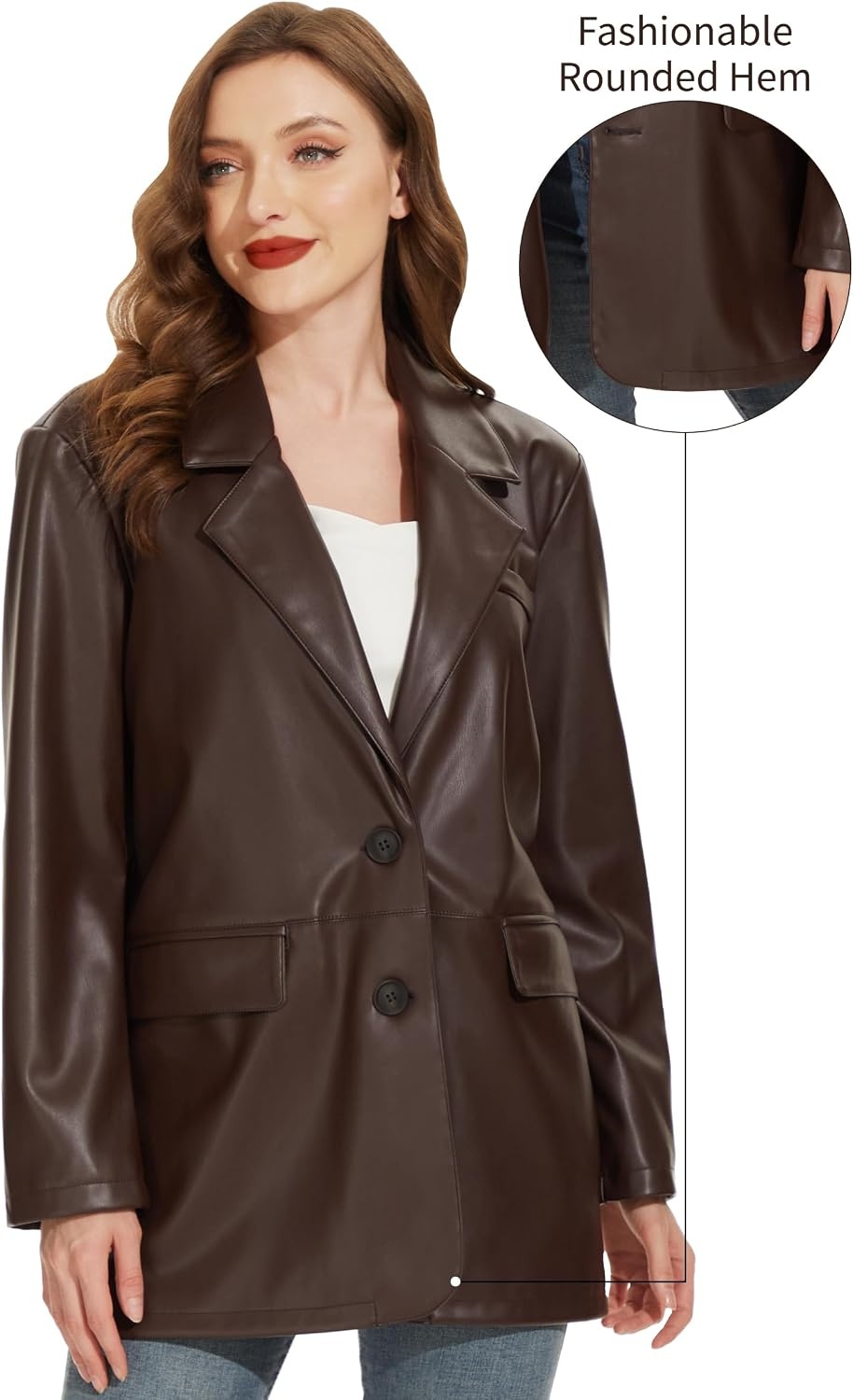 image:imageWomens Faux Leather Blazer Vintage Moto Style Coat SXXL Black Leather jacket Soft Vegan Pleather Oversized Casual Biker Outwear with Button Down Daily FashionCoffeevm