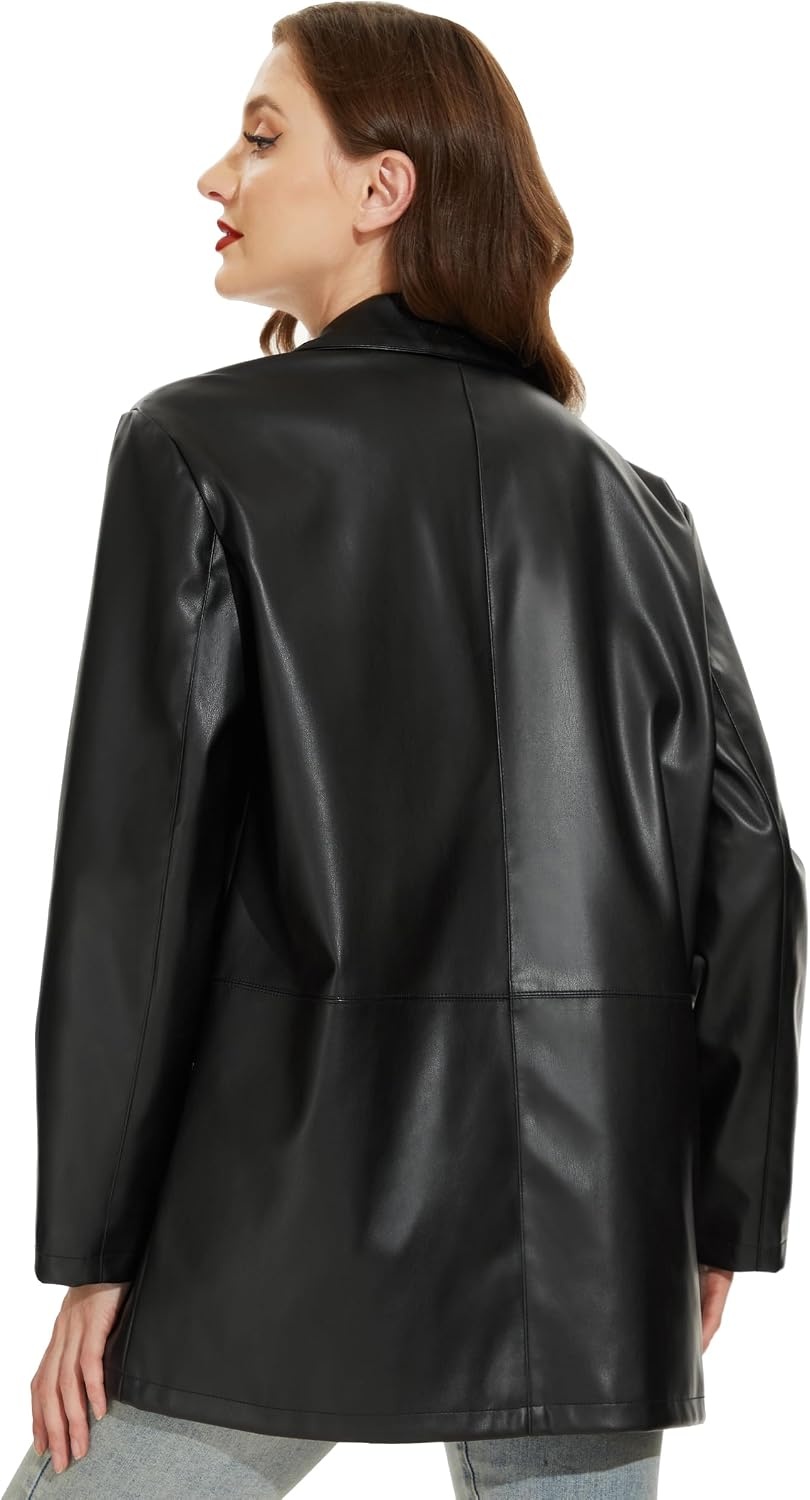 image:imageWomens Faux Leather Blazer Vintage Moto Style Coat SXXL Black Leather jacket Soft Vegan Pleather Oversized Casual Biker Outwear with Button Down Daily FashionBlackvm
