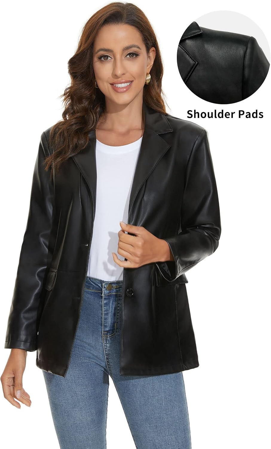 image:imageWomens Faux Leather Blazer Vintage Moto Style Coat SXXL Black Leather jacket Soft Vegan Pleather Oversized Casual Biker Outwear with Button Down Daily FashionBlack
