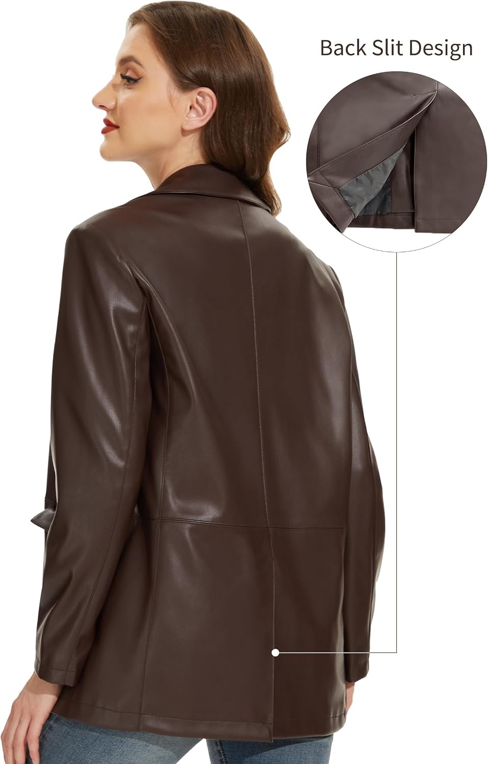 image:imageWomens Faux Leather Blazer Vintage Moto Style Coat SXXL Black Leather jacket Soft Vegan Pleather Oversized Casual Biker Outwear with Button Down Daily FashionBrown