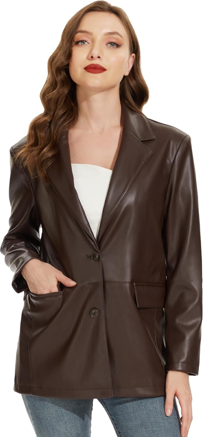 image:imageWomens Faux Leather Blazer Vintage Moto Style Coat SXXL Black Leather jacket Soft Vegan Pleather Oversized Casual Biker Outwear with Button Down Daily FashionBrown