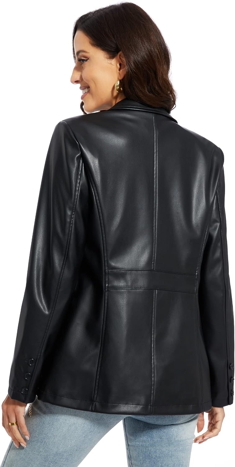 image:imageWomens Faux Leather Blazer Vintage Moto Style Coat SXXL Black Leather jacket Soft Vegan Pleather Oversized Casual Biker Outwear with Button Down Daily FashionBlack Fg