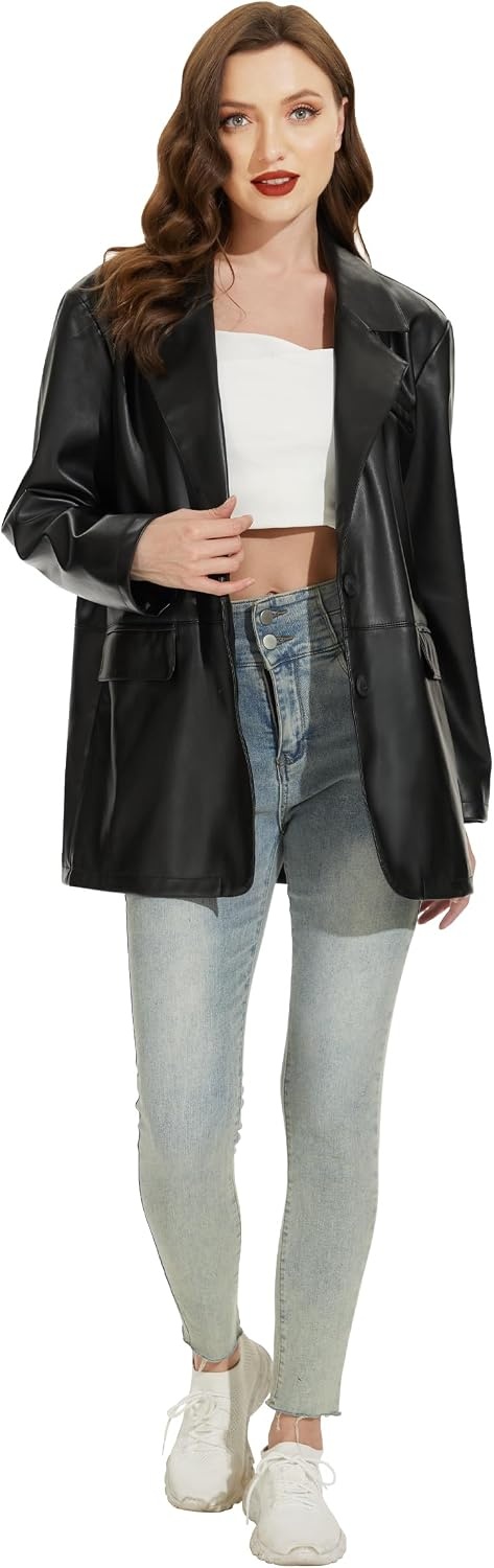image:imageWomens Faux Leather Blazer Vintage Moto Style Coat SXXL Black Leather jacket Soft Vegan Pleather Oversized Casual Biker Outwear with Button Down Daily FashionBlackvm