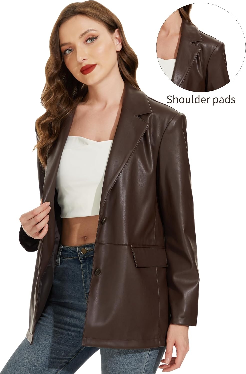 image:imageWomens Faux Leather Blazer Vintage Moto Style Coat SXXL Black Leather jacket Soft Vegan Pleather Oversized Casual Biker Outwear with Button Down Daily FashionBrown