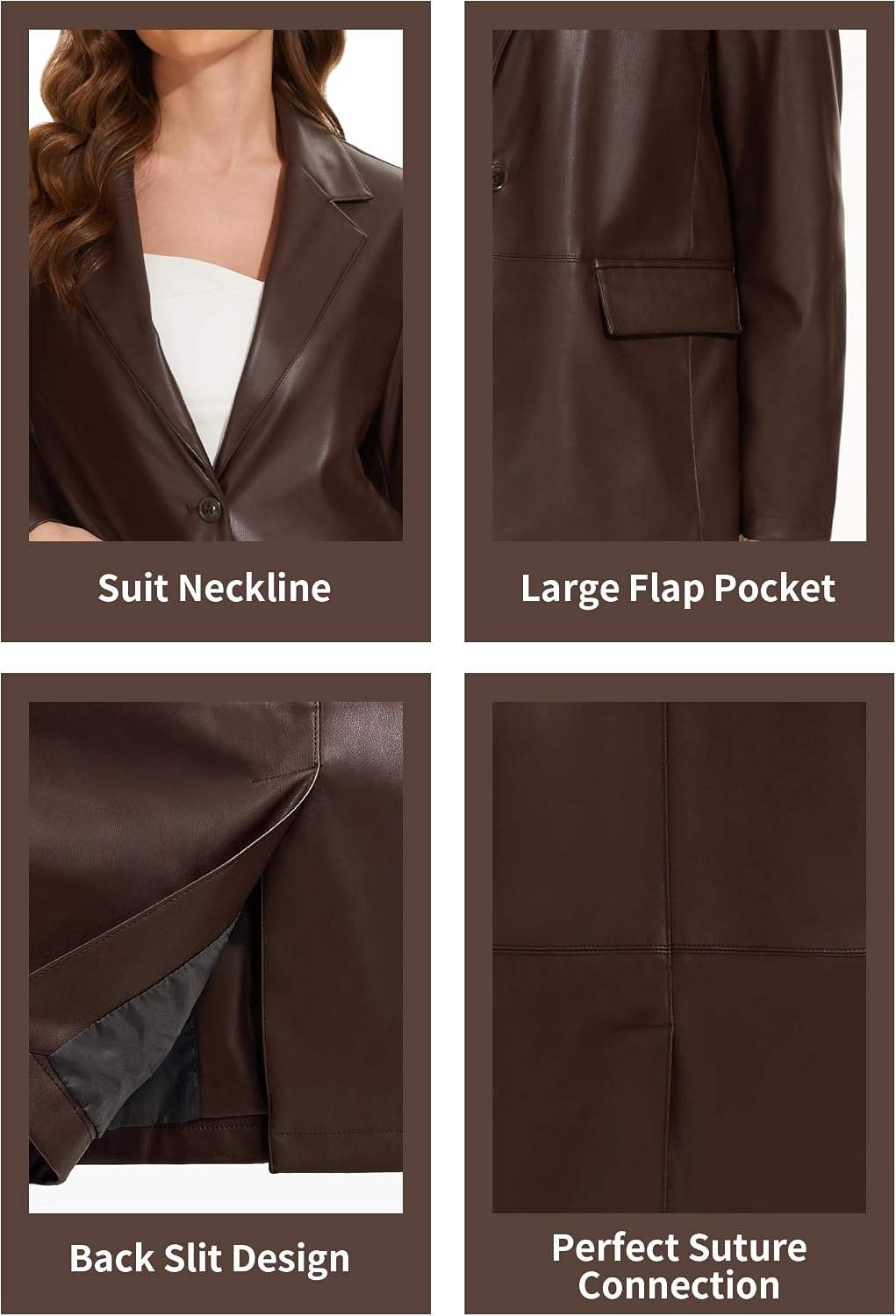 image:imageWomens Faux Leather Blazer Vintage Moto Style Coat SXXL Black Leather jacket Soft Vegan Pleather Oversized Casual Biker Outwear with Button Down Daily FashionBrown