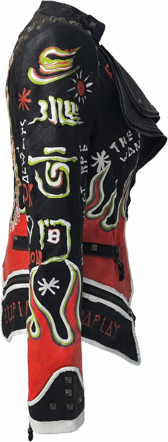 image:imageWomens Faux Leather Hand Painted Graffiti Studded Jacket Pu Coat Studded Rivet Lady moto jacketslim fitmotobiker coatsteampunk stylePU Faux leatherSpring autumn WinterBlack Pu3