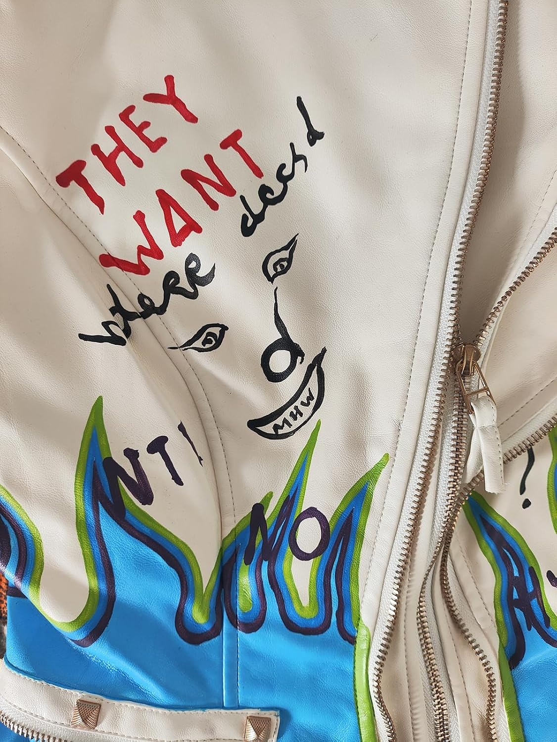 image:imageWomens Faux Leather Hand Painted Graffiti Studded Jacket Pu Coat Studded Rivet Lady moto jacketslim fitmotobiker coatsteampunk stylePU Faux leatherSpring autumn WinterWhite 2