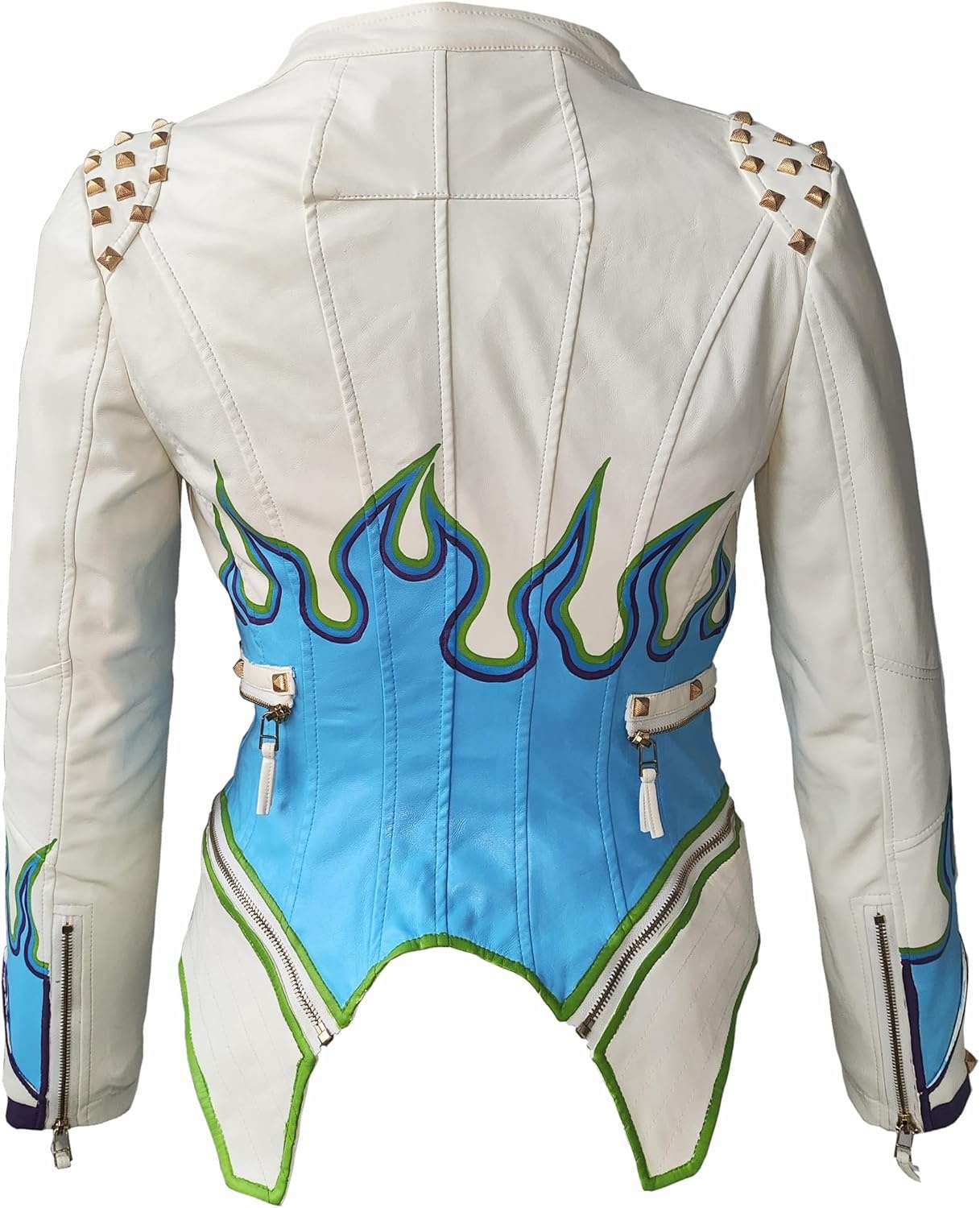 image:imageWomens Faux Leather Hand Painted Graffiti Studded Jacket Pu Coat Studded Rivet Lady moto jacketslim fitmotobiker coatsteampunk stylePU Faux leatherSpring autumn WinterWhite Fire