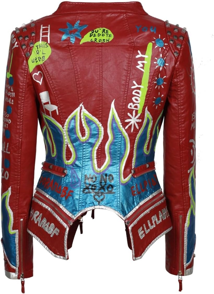 image:imageWomens Faux Leather Hand Painted Graffiti Studded Jacket Pu Coat Studded Rivet Lady moto jacketslim fitmotobiker coatsteampunk stylePU Faux leatherSpring autumn WinterWine Red