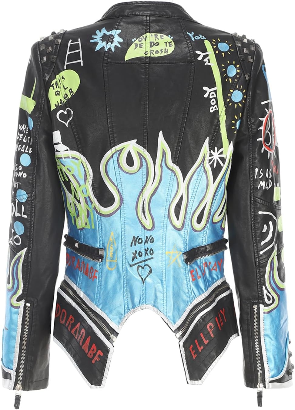 image:imageWomens Faux Leather Hand Painted Graffiti Studded Jacket Pu Coat Studded Rivet Lady moto jacketslim fitmotobiker coatsteampunk stylePU Faux leatherSpring autumn WinterBlack Pu 2