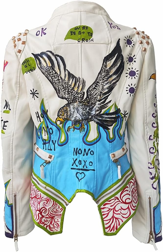 image:imageWomens Faux Leather Hand Painted Graffiti Studded Jacket Pu Coat Studded Rivet Lady moto jacketslim fitmotobiker coatsteampunk stylePU Faux leatherSpring autumn WinterWhite 2