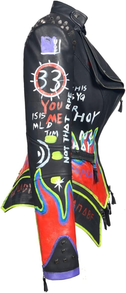 image:imageWomens Faux Leather Hand Painted Graffiti Studded Jacket Pu Coat Studded Rivet Lady moto jacketslim fitmotobiker coatsteampunk stylePU Faux leatherSpring autumn WinterBlack