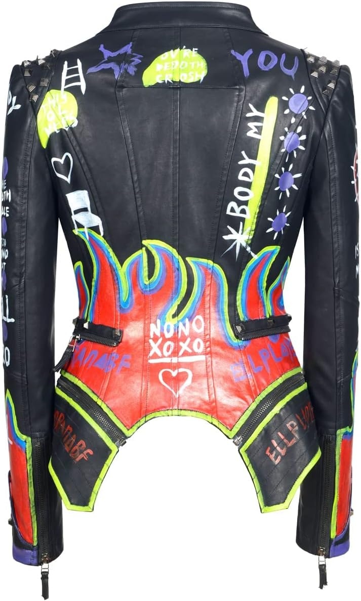 image:imageWomens Faux Leather Hand Painted Graffiti Studded Jacket Pu Coat Studded Rivet Lady moto jacketslim fitmotobiker coatsteampunk stylePU Faux leatherSpring autumn WinterBlack