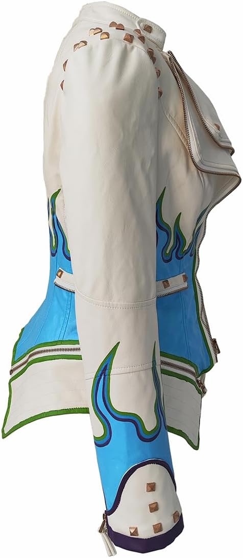 image:imageWomens Faux Leather Hand Painted Graffiti Studded Jacket Pu Coat Studded Rivet Lady moto jacketslim fitmotobiker coatsteampunk stylePU Faux leatherSpring autumn WinterWhite Fire