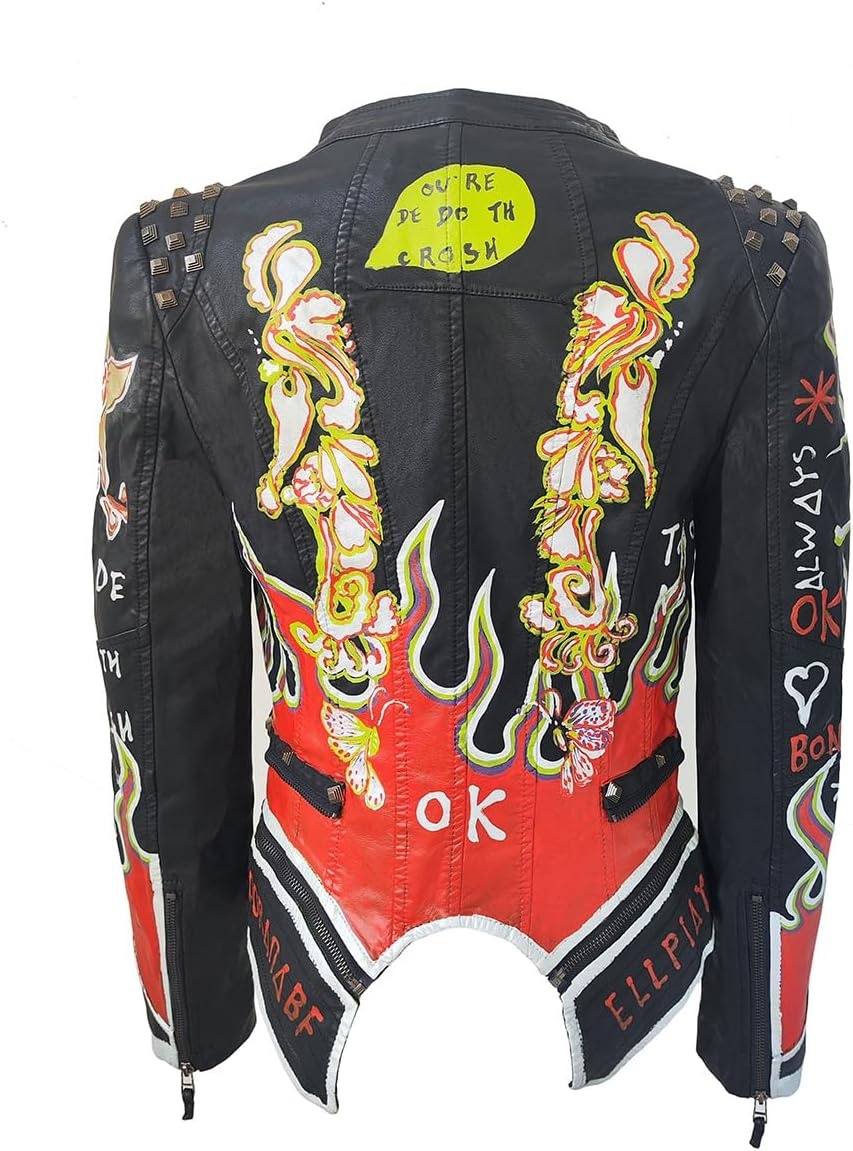 image:imageWomens Faux Leather Hand Painted Graffiti Studded Jacket Pu Coat Studded Rivet Lady moto jacketslim fitmotobiker coatsteampunk stylePU Faux leatherSpring autumn WinterBlack Pu3