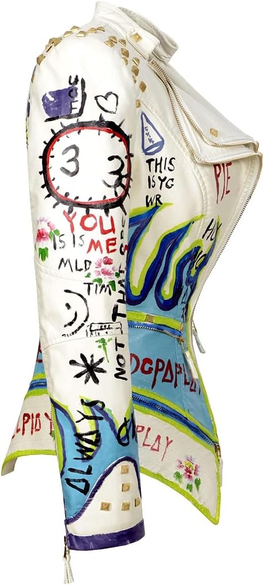 image:imageWomens Faux Leather Hand Painted Graffiti Studded Jacket Pu Coat Studded Rivet Lady moto jacketslim fitmotobiker coatsteampunk stylePU Faux leatherSpring autumn WinterWhite