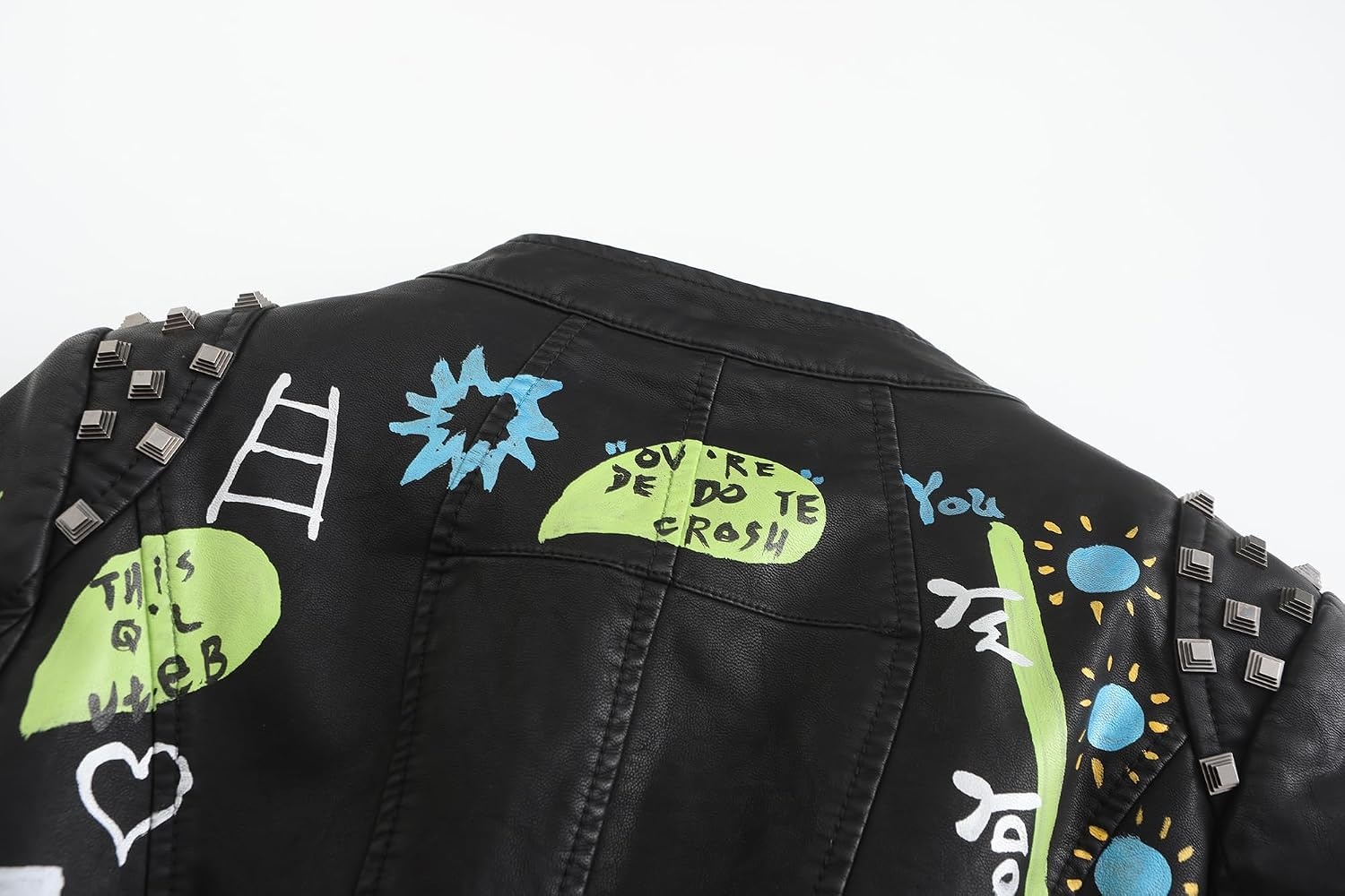 image:imageWomens Faux Leather Hand Painted Graffiti Studded Jacket Pu Coat Studded Rivet Lady moto jacketslim fitmotobiker coatsteampunk stylePU Faux leatherSpring autumn WinterBlack Pu 2