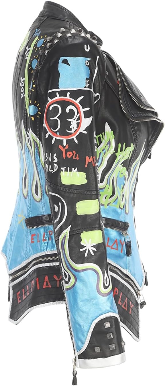 image:imageWomens Faux Leather Hand Painted Graffiti Studded Jacket Pu Coat Studded Rivet Lady moto jacketslim fitmotobiker coatsteampunk stylePU Faux leatherSpring autumn WinterBlack Pu 2