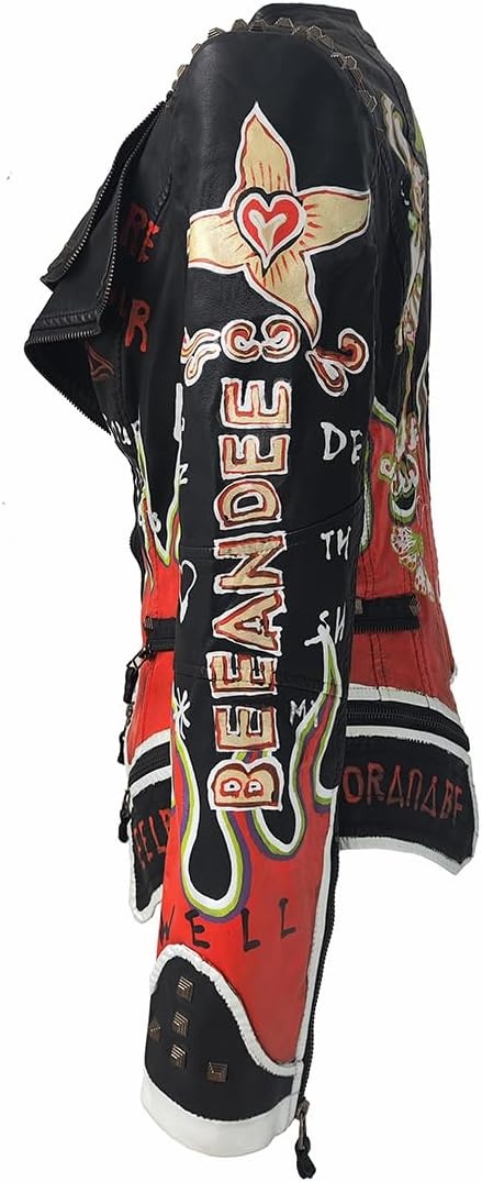 image:imageWomens Faux Leather Hand Painted Graffiti Studded Jacket Pu Coat Studded Rivet Lady moto jacketslim fitmotobiker coatsteampunk stylePU Faux leatherSpring autumn WinterBlack Pu3