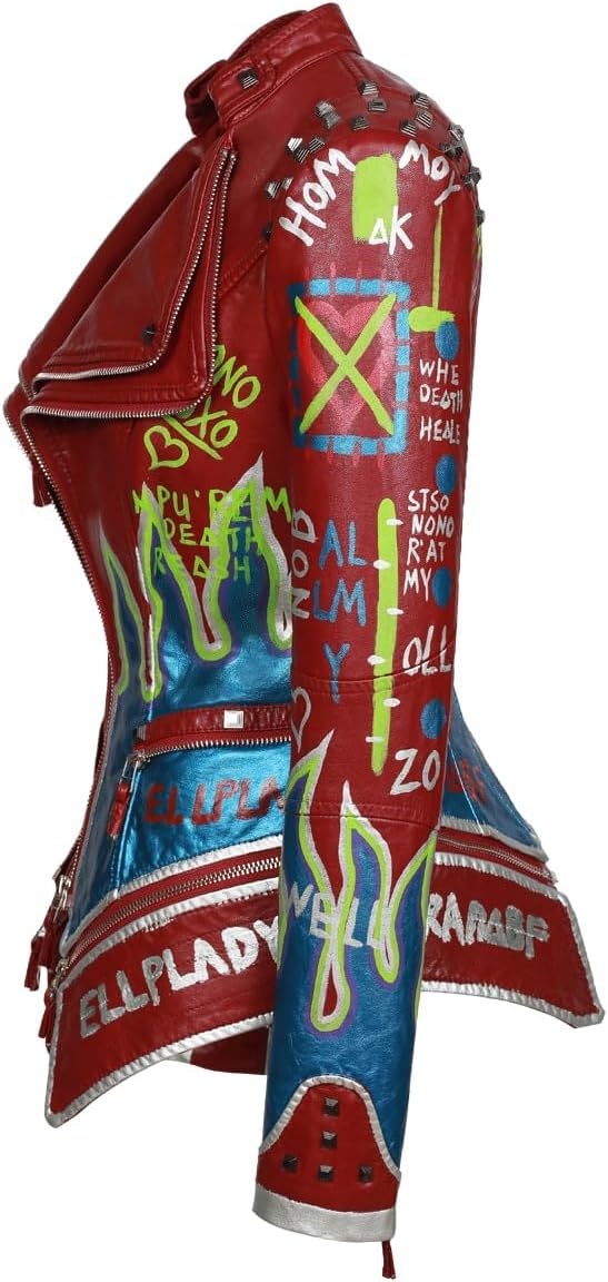 image:imageWomens Faux Leather Hand Painted Graffiti Studded Jacket Pu Coat Studded Rivet Lady moto jacketslim fitmotobiker coatsteampunk stylePU Faux leatherSpring autumn WinterWine Red