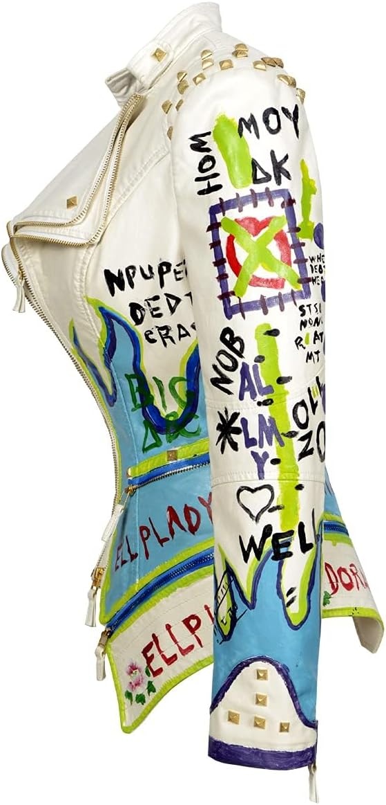 image:imageWomens Faux Leather Hand Painted Graffiti Studded Jacket Pu Coat Studded Rivet Lady moto jacketslim fitmotobiker coatsteampunk stylePU Faux leatherSpring autumn WinterWhite