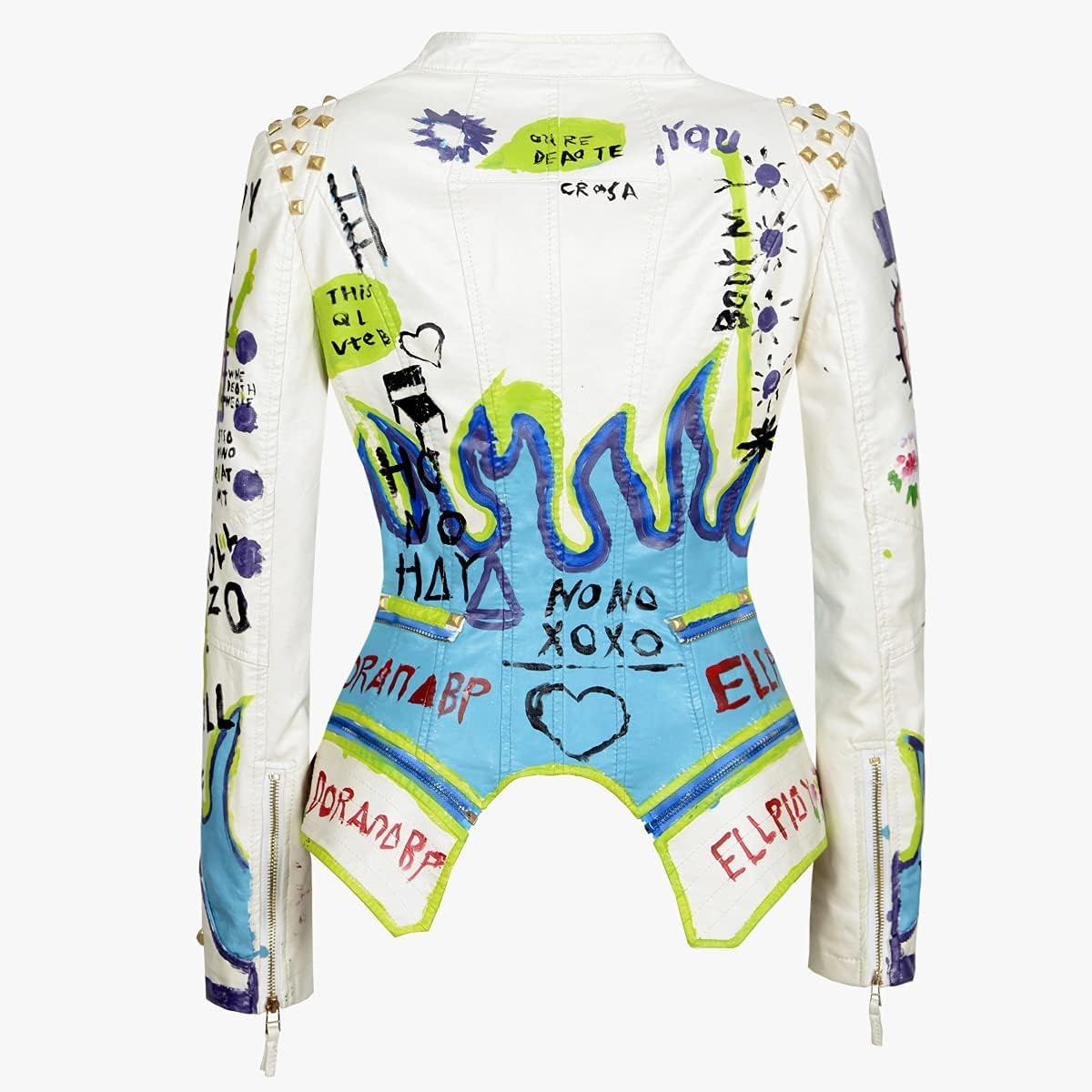 image:imageWomens Faux Leather Hand Painted Graffiti Studded Jacket Pu Coat Studded Rivet Lady moto jacketslim fitmotobiker coatsteampunk stylePU Faux leatherSpring autumn WinterWhite