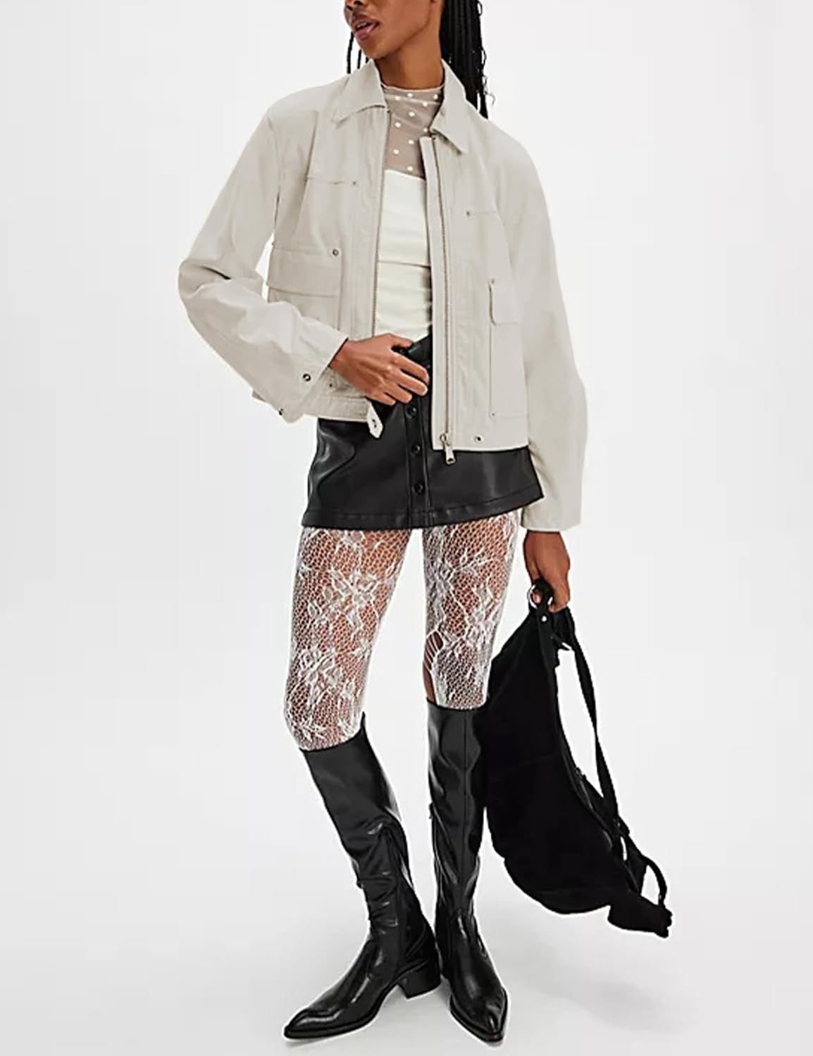 image:imageWomens Faux Leather Jacket Lapel Bell Sleeve Zip Up OutwearBeige