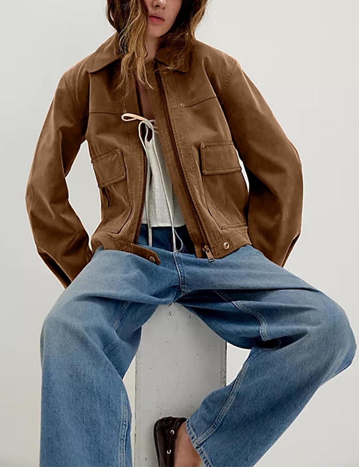 image:imageWomens Faux Leather Jacket Lapel Bell Sleeve Zip Up OutwearBrown