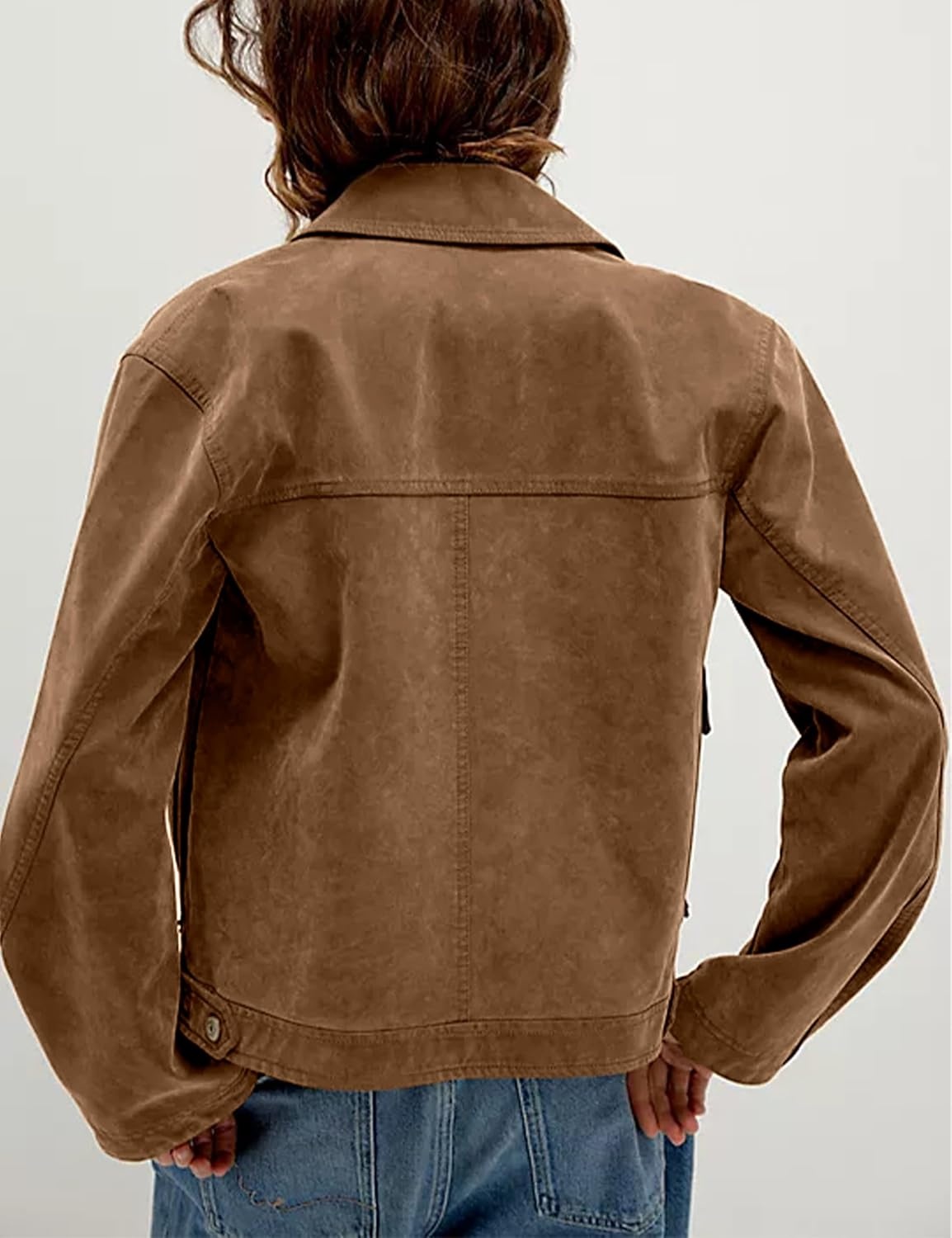 image:imageWomens Faux Leather Jacket Lapel Bell Sleeve Zip Up OutwearBrown
