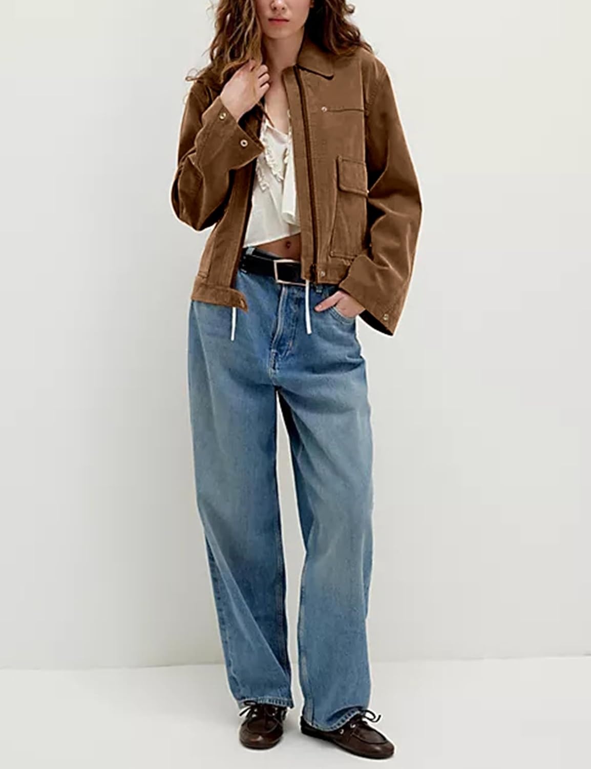 image:imageWomens Faux Leather Jacket Lapel Bell Sleeve Zip Up OutwearBrown
