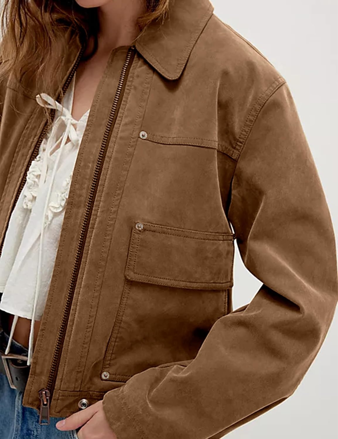 image:imageWomens Faux Leather Jacket Lapel Bell Sleeve Zip Up OutwearBrown