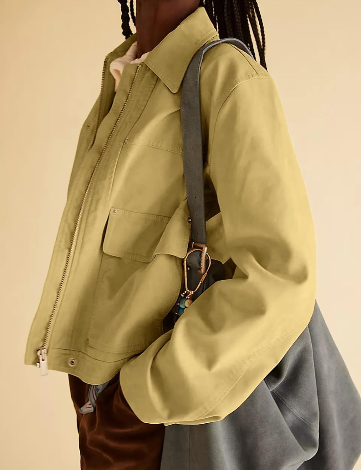 image:imageWomens Faux Leather Jacket Lapel Bell Sleeve Zip Up OutwearYellow